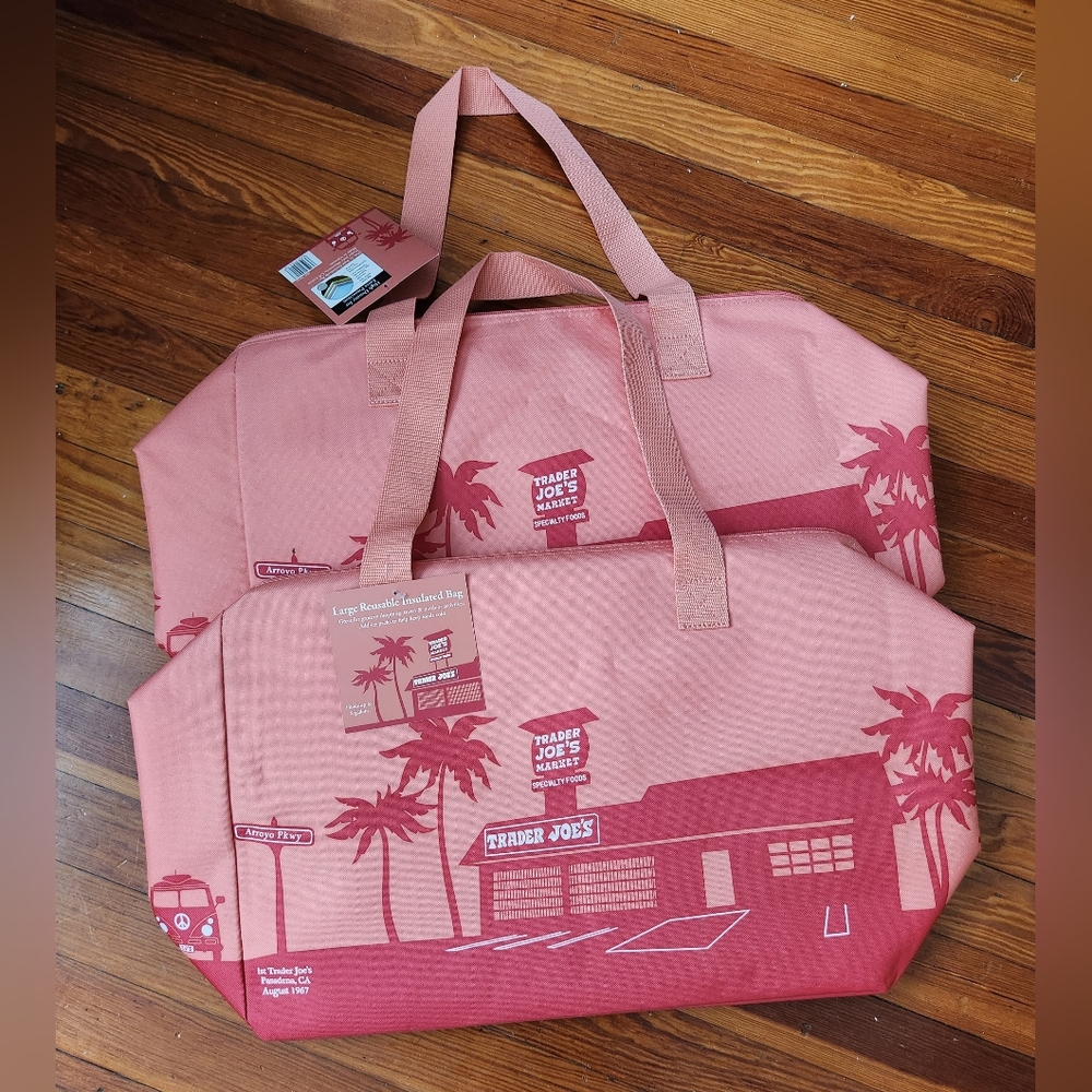 Lot of 2 Trader Joes Insulated Cooler Tote Bag Reusable Peach Limited Large NWT